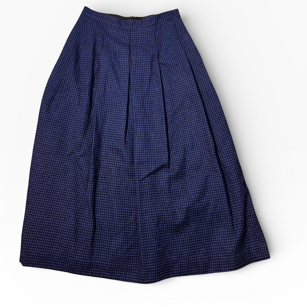 Woolrich Vintage Houndstooth Wool Blend Pleated Midi‎ Skirt Blue Black Sz 10 28W